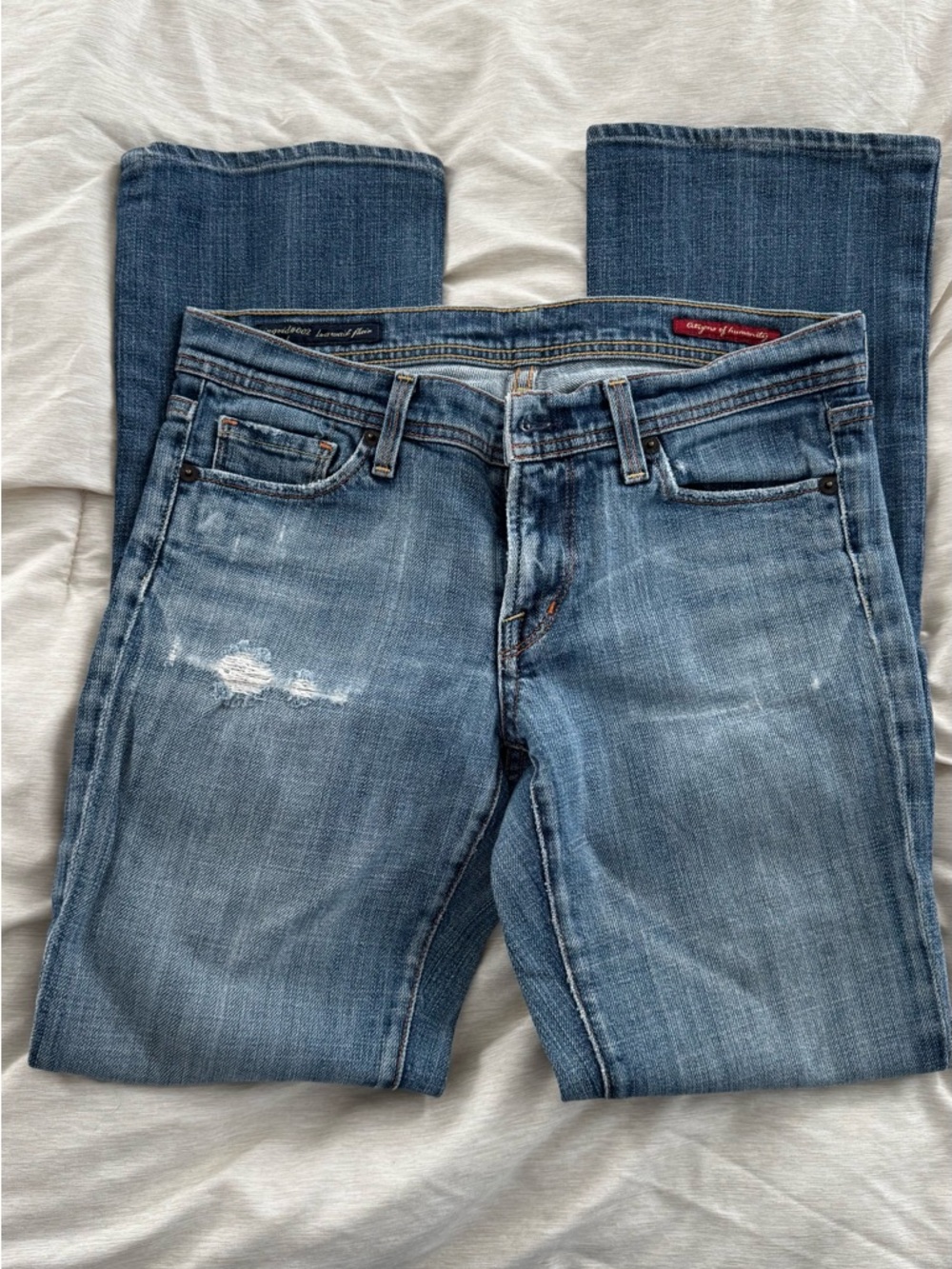 7 For All Mankind Light Blue Denim Low Waist Flare Jeans